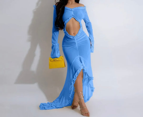 Women Sexy Full Sleeve Ruffled Cut Out Mesh Maxi Dress