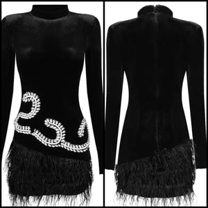 Women Sexy Black Velour Full Sleeve Rhinestone Feather Dress