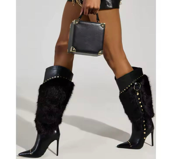 Women Black Fur Patchwork Rivet High Heel Knee High Boots