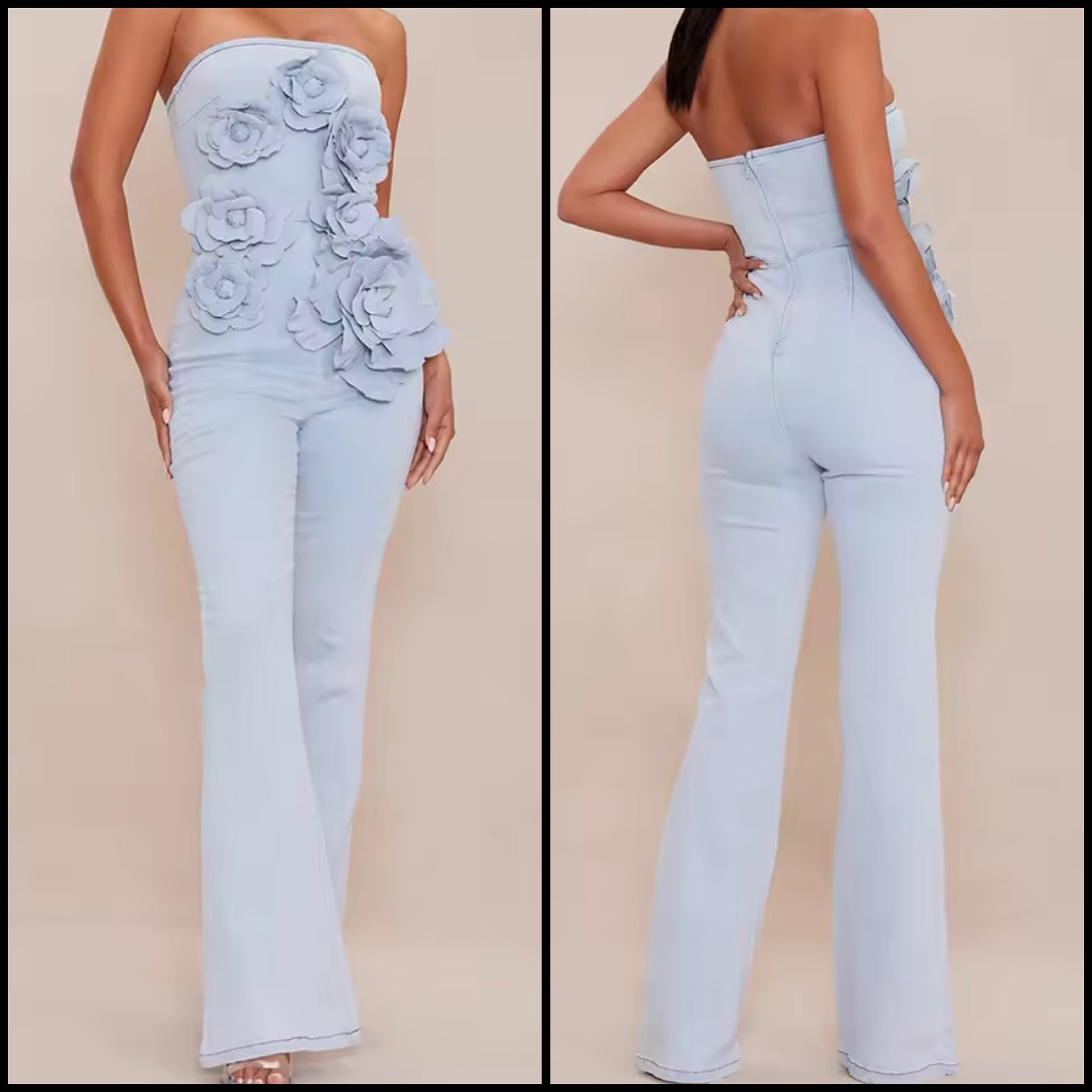 Women Fashion Strapless 3D Floral Denim Jumpsuit