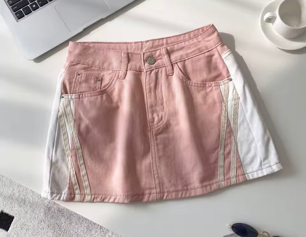 Women Fashion Striped Color Patchwork Denim Skirt