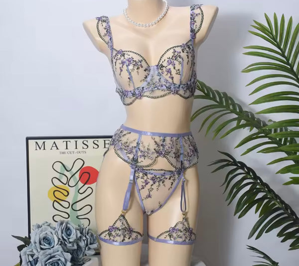 Women Purple Floral Mesh Lingerie Set