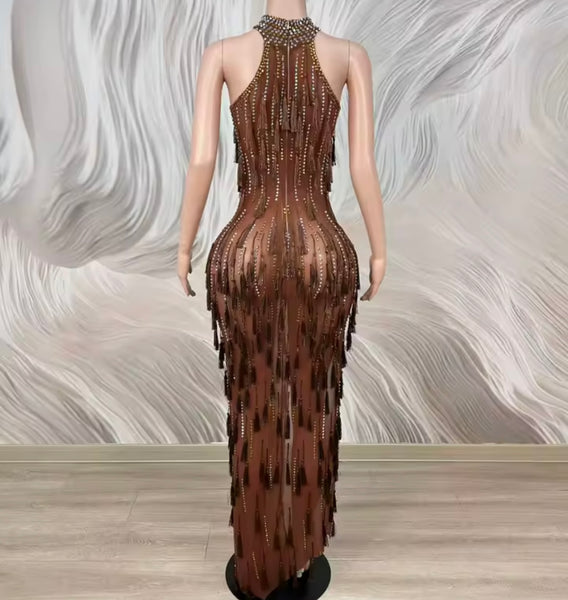 Women Sexy Brown Rhinestone Tassel Mesh Maxi Dress