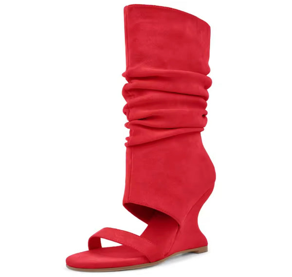 Women Fashion Open Toe Ruched Suede Wedge Mid Length Boots