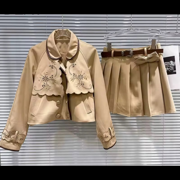 Women Fashion Khaki Jacket Two Piece Pleated Skirt Set