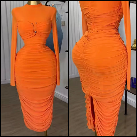 Women Sexy Orange Metal Ruched Full Sleeve Maxi Dress