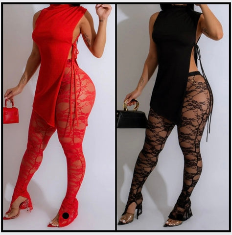 Women Sexy Sleeveless Solid Color Two Piece Lace Pant Set