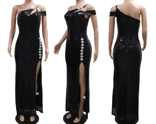 Women Sexy Black Bling Sequins One Shoulder Sleeveless Maxi Dress