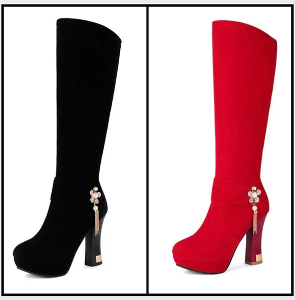 Women Fashion Color Suede Bling Tassel Knee High Boots