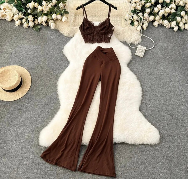 Women Sexy Lace Sleeveless Crop Two Piece Wide Leg Pant Set