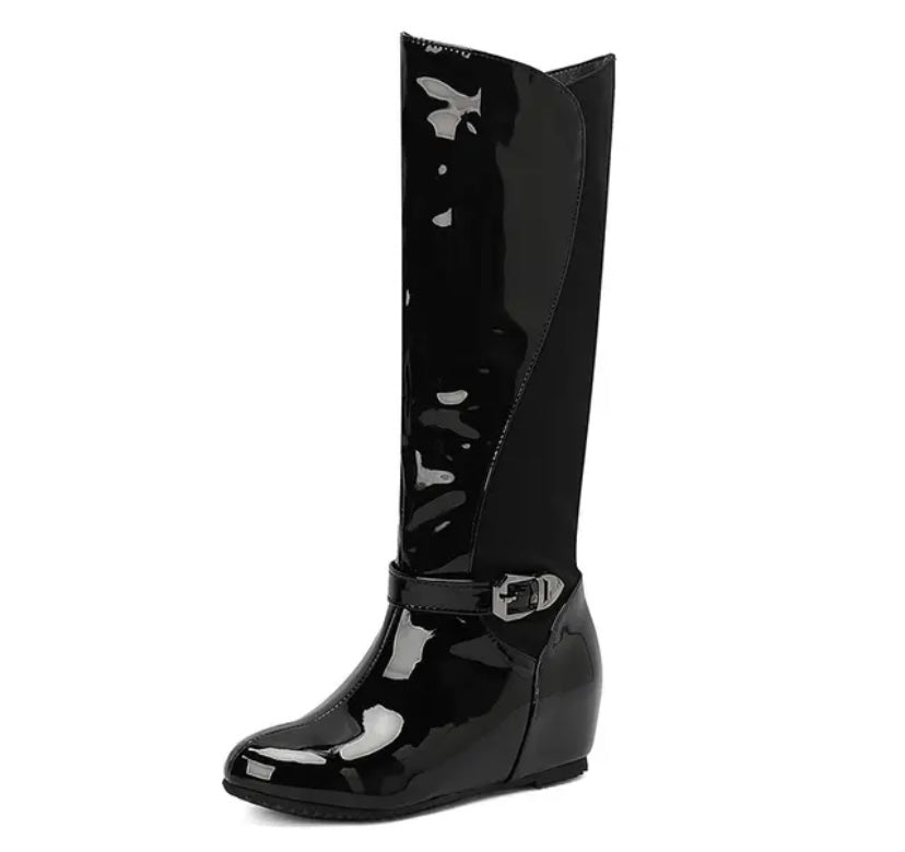 Women Fashion Buckle Platform Patent Leather Knee High Boots