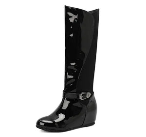 Women Fashion Buckle Platform Patent Leather Knee High Boots