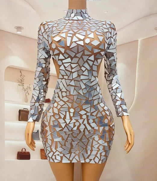 Women Sexy Silver Mirror Full Sleeve Mesh Hollow Out Dress