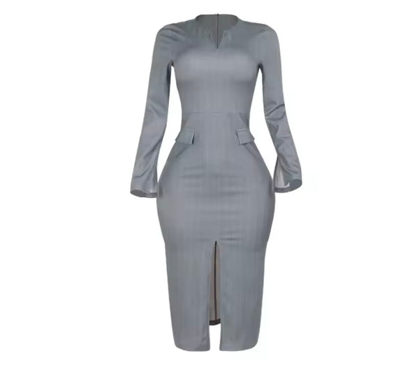 Women Sexy Solid Color Pocket Full Sleeve Dress