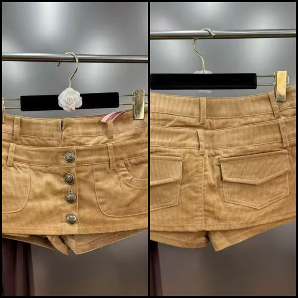 Women Sexy Fashion Khaki Corduroy Button Up Skirt