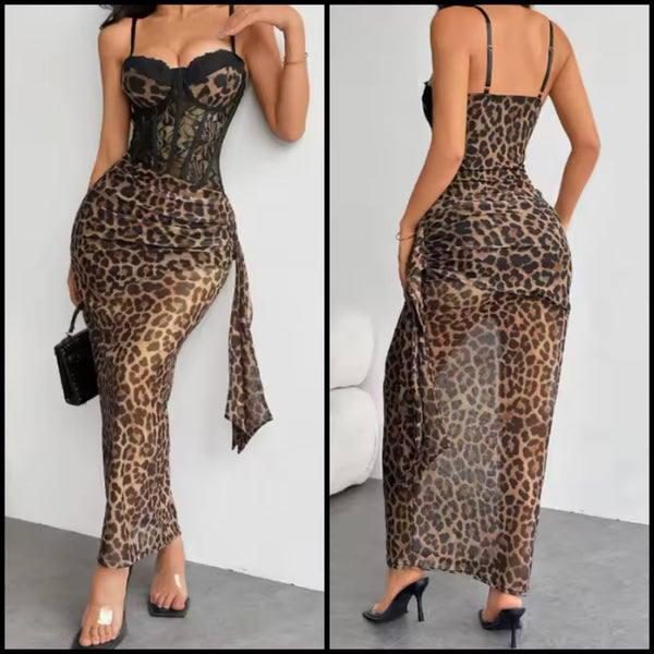 Women Sexy Sleeveless Lace Leopard Mesh Maxi Dress