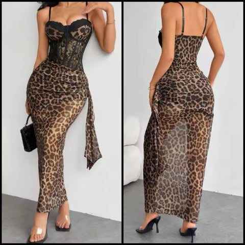 Women Sexy Sleeveless Lace Leopard Mesh Maxi Dress