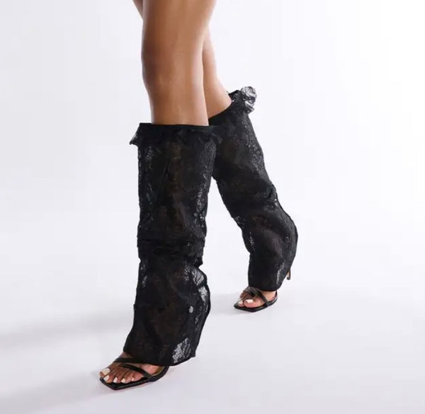 Women Fashion Open Toe Lace Detachable Black Boots