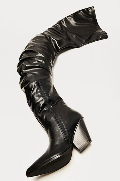 Women Black Over The Knee Faux Leather Western Boots