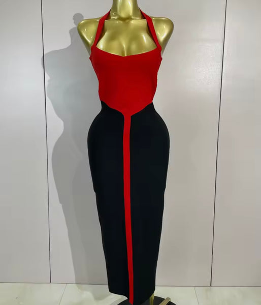 Women Sexy Color Patchwork Halter Sleeveless Maxi Dress