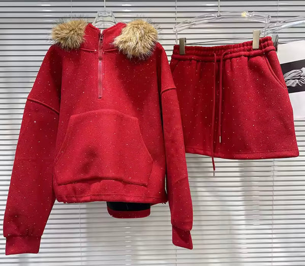 Women Fashion Bling Fur Hooded Two Piece Skirt Set
