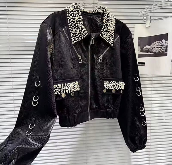 Women Black Pearl Metal Ring Fashion Faux Leather Jacket