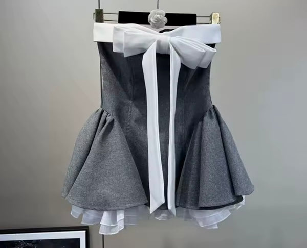 Women Bow Strapless Gray Two Piece Fashion Short Set