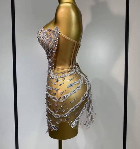 Women Sexy Strapless Bling Rhinestone Mesh Dress