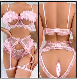 Women Sexy Pink Ruffled Lace Cut Out Lingerie Set