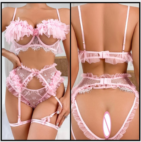 Women Sexy Pink Ruffled Lace Cut Out Lingerie Set