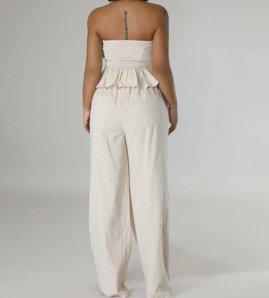 Women Sexy Ruffled Strapless Two Piece Wide Leg Pant Set