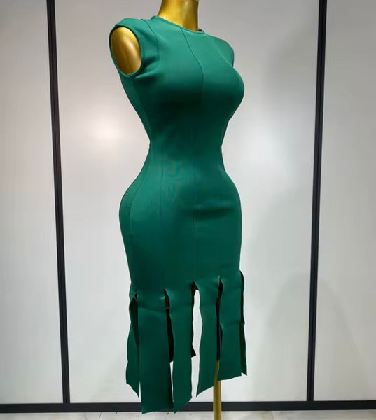 Women Sexy Sleeveless Green Open Back Tassel Bandage Dress