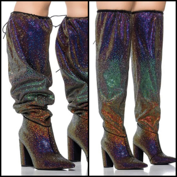 Women Colorful Bling Drawstring Knee High Boots