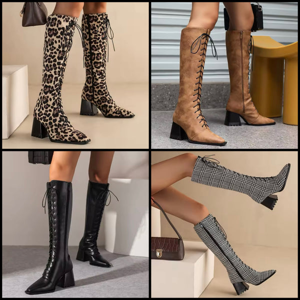 Women Fashion Pointed Toe Lace Up Knee High Boots