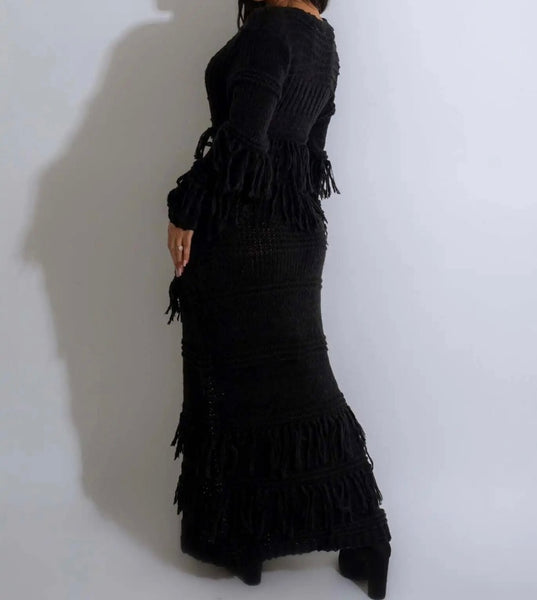 Women Sexy Button Up Full Sleeve Fringe Maxi Dress