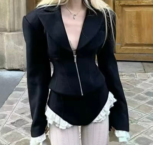 Women Fashion B&W Ruffled Blazer Two Piece Short Set