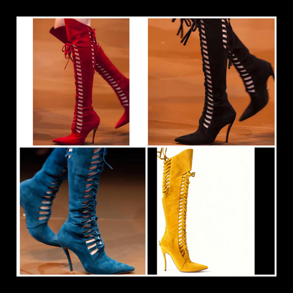 Women Color Fashion Pointed Toe Tie Up Suede Knee High Boots