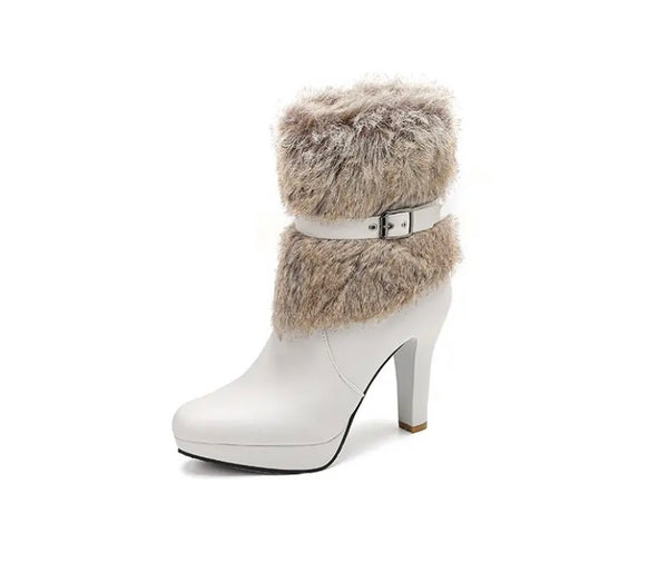 Women Fashion Round Toe Faux Leather Fur Buckled Ankle Boots