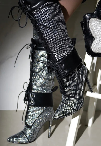 Women Fashion Bling Lace Up Knee High Boots