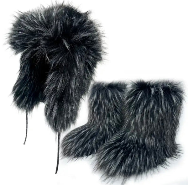 Women Fashion Color Faux Fur Ankle Boots Hat Set