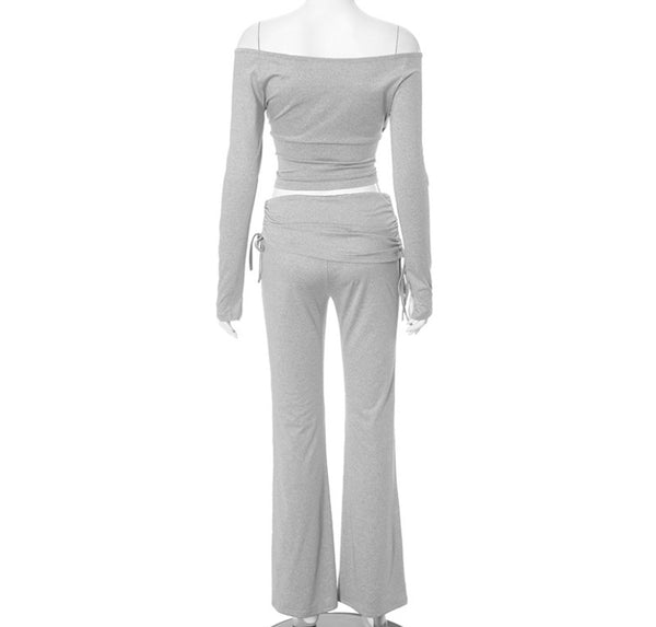 Women Fashion Solid Color Off The Shoulder Ruched Two Piece Pant Set