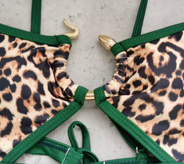 Women Sexy Green Leopard Thong Bikini Swimsuit