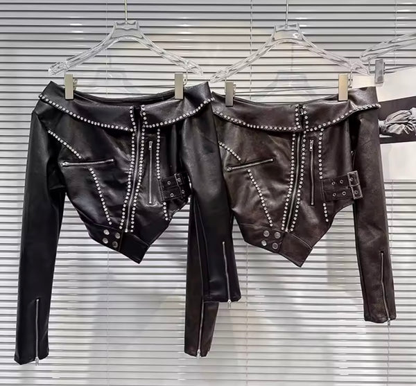 Women Off The Shoulder Zip Up Rhinestone Faux Leather Jacket