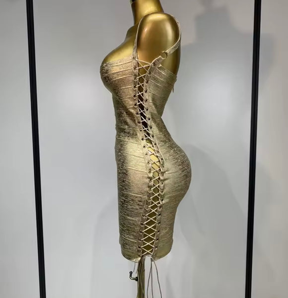 Women Sexy Sleeveless Lace Up Side Metallic Bandage Dress