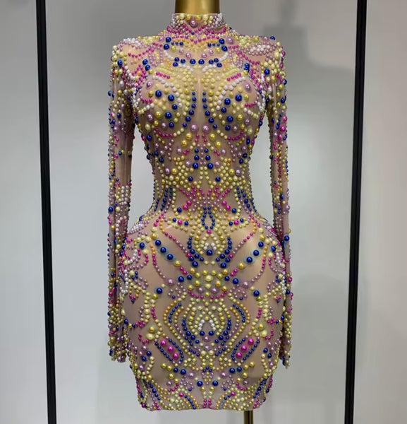 Women Sexy Colorful Beaded Mesh Full Sleeve Dress