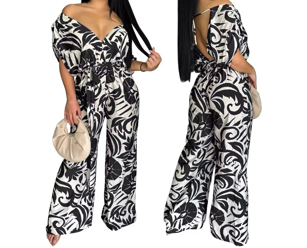 Women Off The Shoulder Short Sleeve Printed Jumpsuit