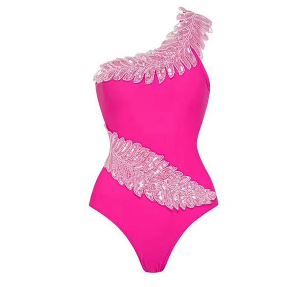 Women Sexy Sequins One Shoulder Swimsuit Cover Up Set