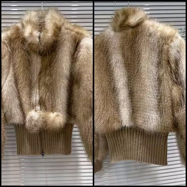 Women Fashion Color Patchwork Zip Up Faux Fur Jacket