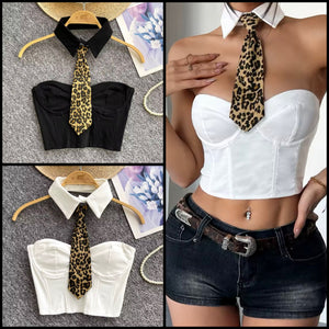 Women Strapless Collar Leopard Tie Fashion Crop Top