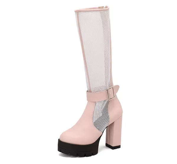 Women Color Buckled Mesh Platform Knee High Fashion Boots